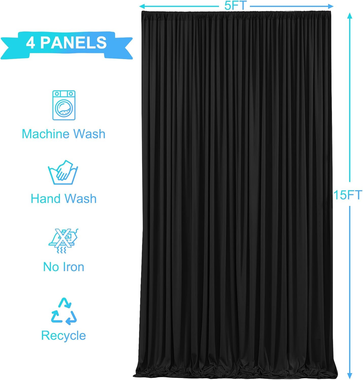 BLACK - Wrinkle Free Backdrop Curtains for Parties - 4 Panels 5x15ft Silky Interlock Backdrop for Weddings Birthday Party Curtains