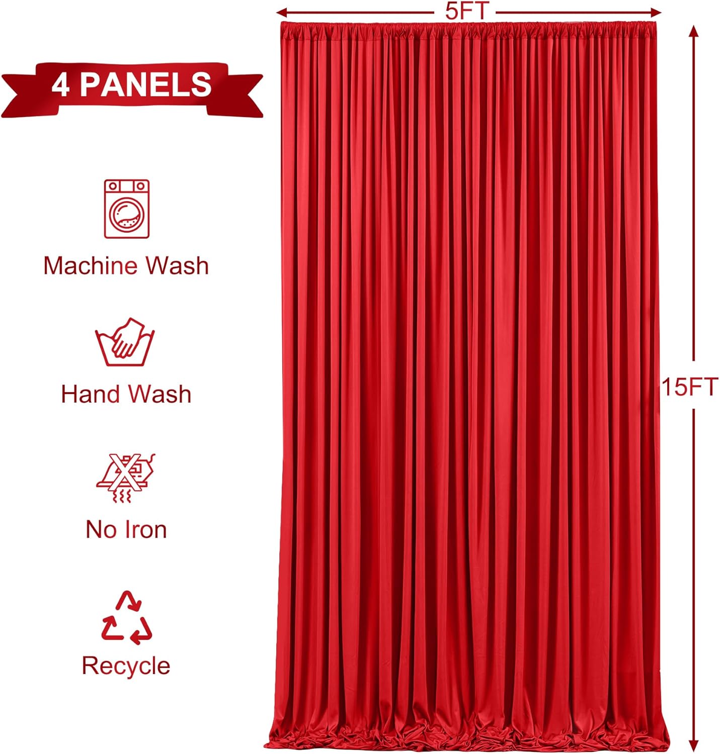 RED - Wrinkle Free Backdrop Curtains for Parties - 4 Panels 5x15ft Silky Interlock Backdrop for Weddings Birthday Party Curtains