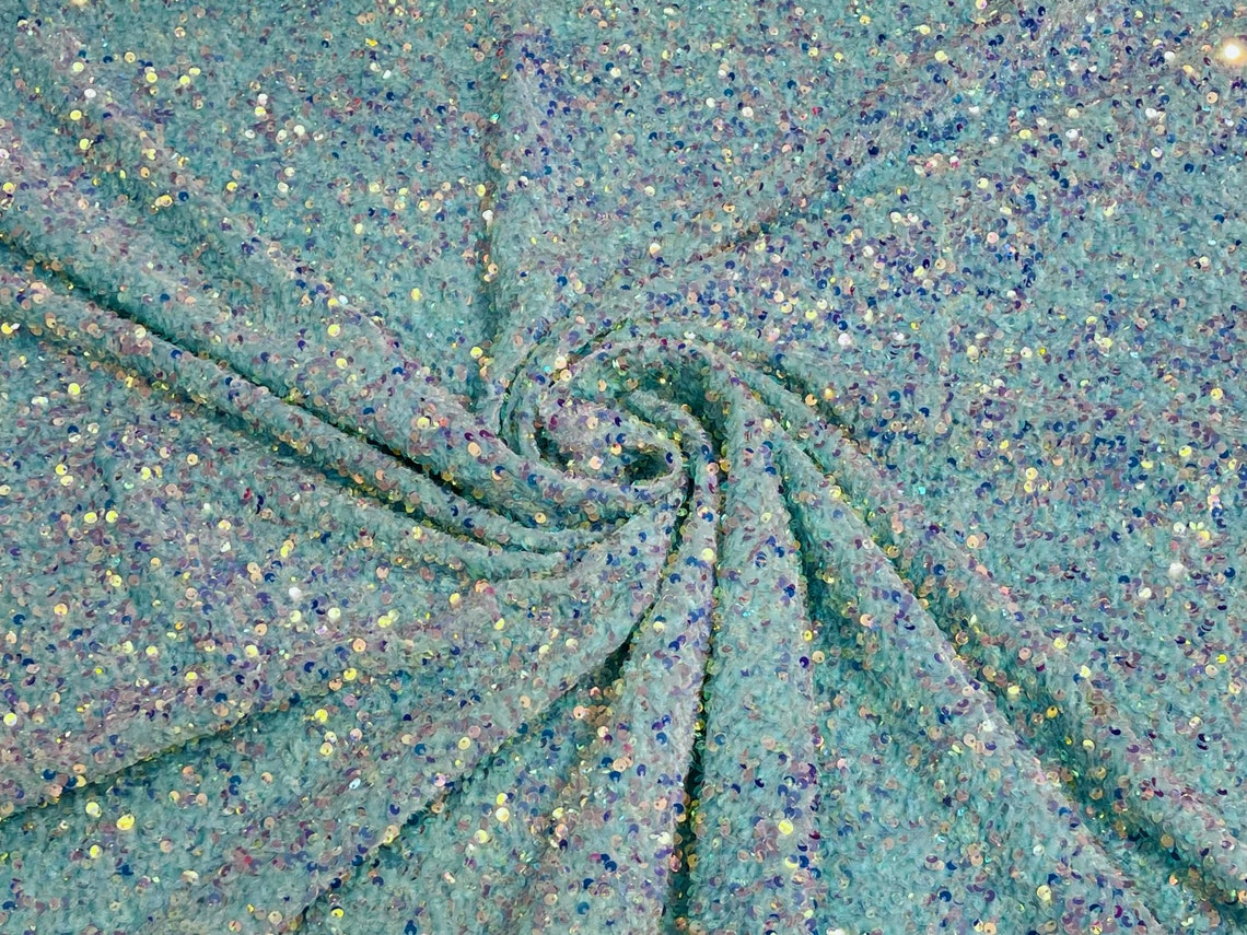 SEQUIN VELVET - Sequins on a Stretch Velvet 2-Way Stretch Sold By The Yard. CLEAR MINT - For Fashion Dress Evening Dress Prom Quinceanera