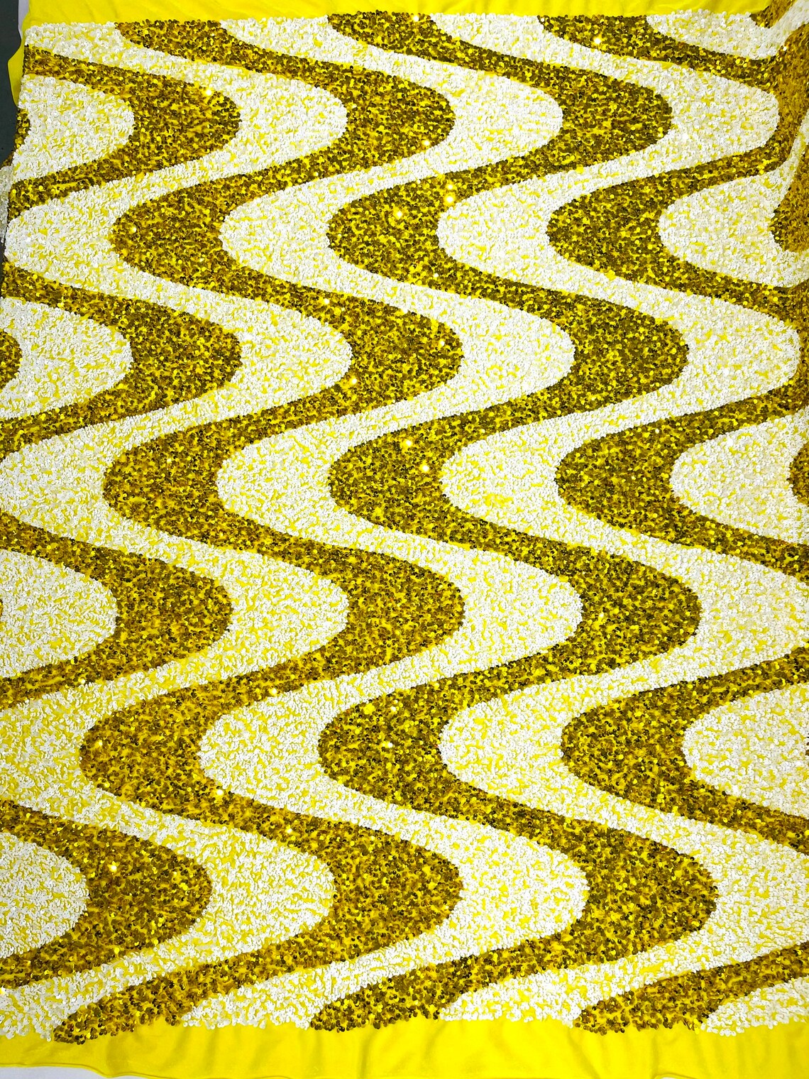 WAVE SEQUIN VELVET - Wave Design Stretch Velvet All Over 5mm Shining Sequins 2 Way Stretch- YELLOW//WHITE- Sold By The Yard.- For Fashion Dress Evening Dress Prom Quinceanera
