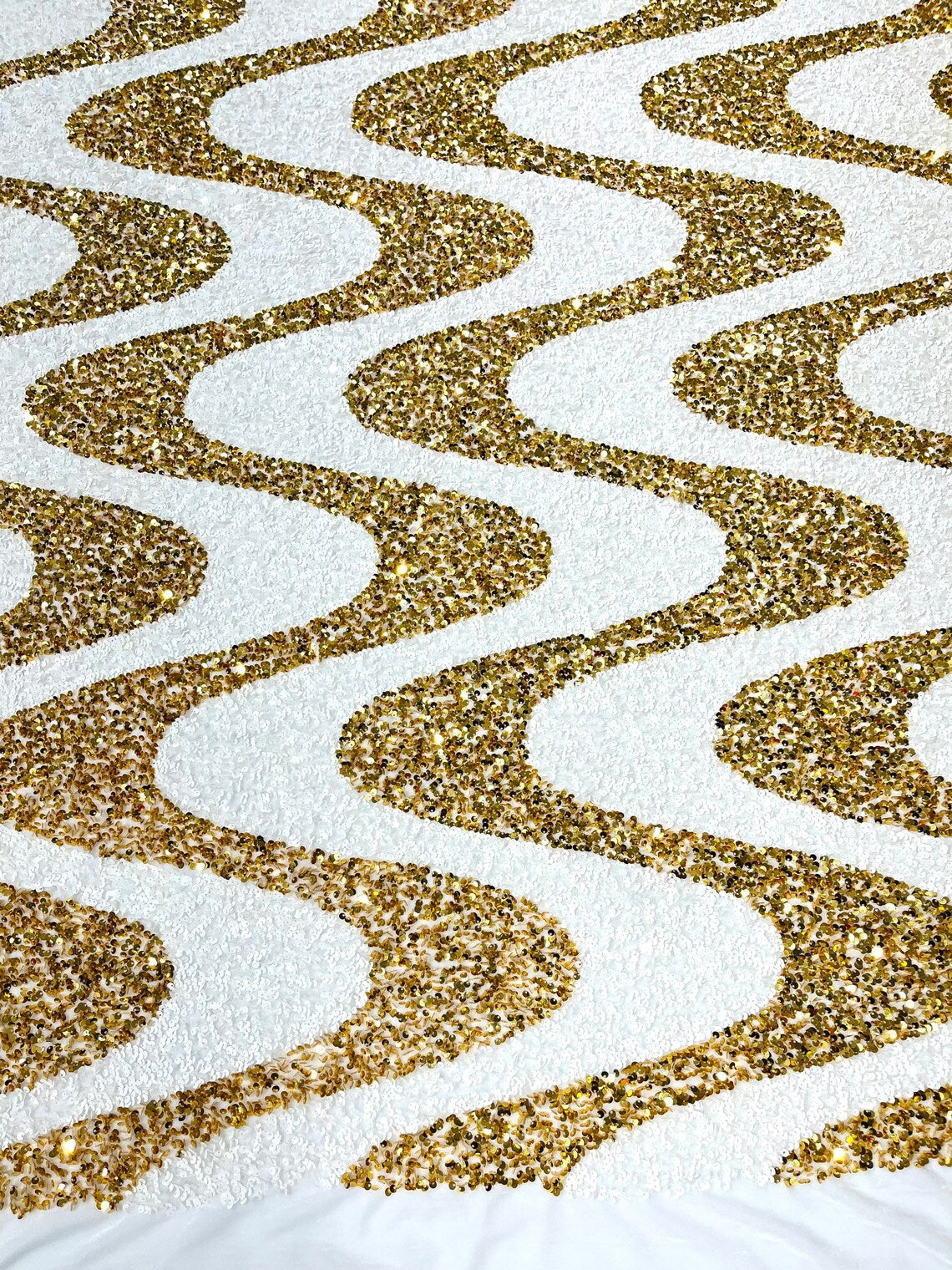 WAVE SEQUIN VELVET - Wave Design Stretch Velvet All Over 5mm Shining Sequins 2 Way Stretch- GOLD/WHITE - Sold By The Yard.- For Fashion Dress Evening Dress Prom Quinceanera