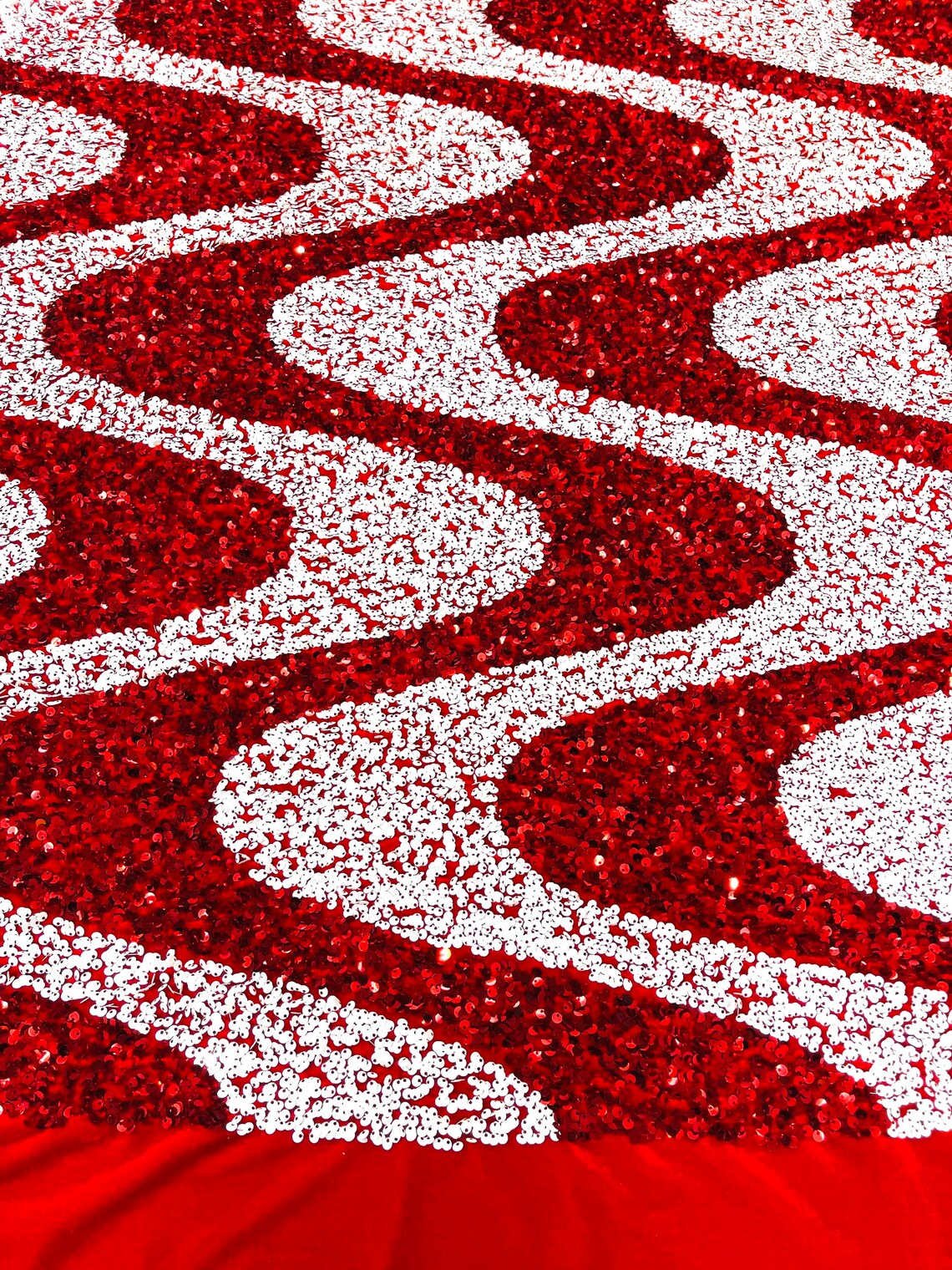 WAVE SEQUIN VELVET - Wave Design Stretch Velvet All Over 5mm Shining Sequins 2 Way Stretch- RED/WHITE - Sold By The Yard.- For Fashion Dress Evening Dress Prom Quinceanera