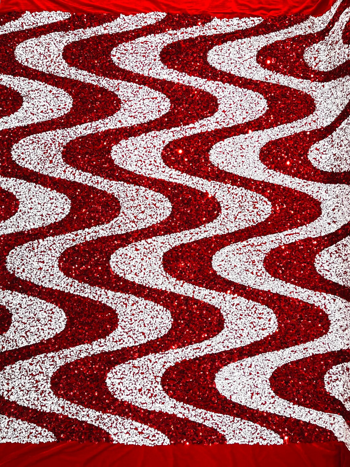 WAVE SEQUIN VELVET - Wave Design Stretch Velvet All Over 5mm Shining Sequins 2 Way Stretch- RED/WHITE - Sold By The Yard.- For Fashion Dress Evening Dress Prom Quinceanera
