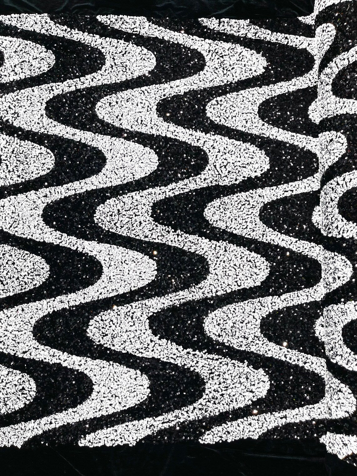 WAVE SEQUIN VELVET - Wave Design Stretch Velvet All Over 5mm Shining Sequins 2 Way Stretch- BLACK/WHITE- Sold By The Yard.- For Fashion Dress Evening Dress Prom Quinceanera