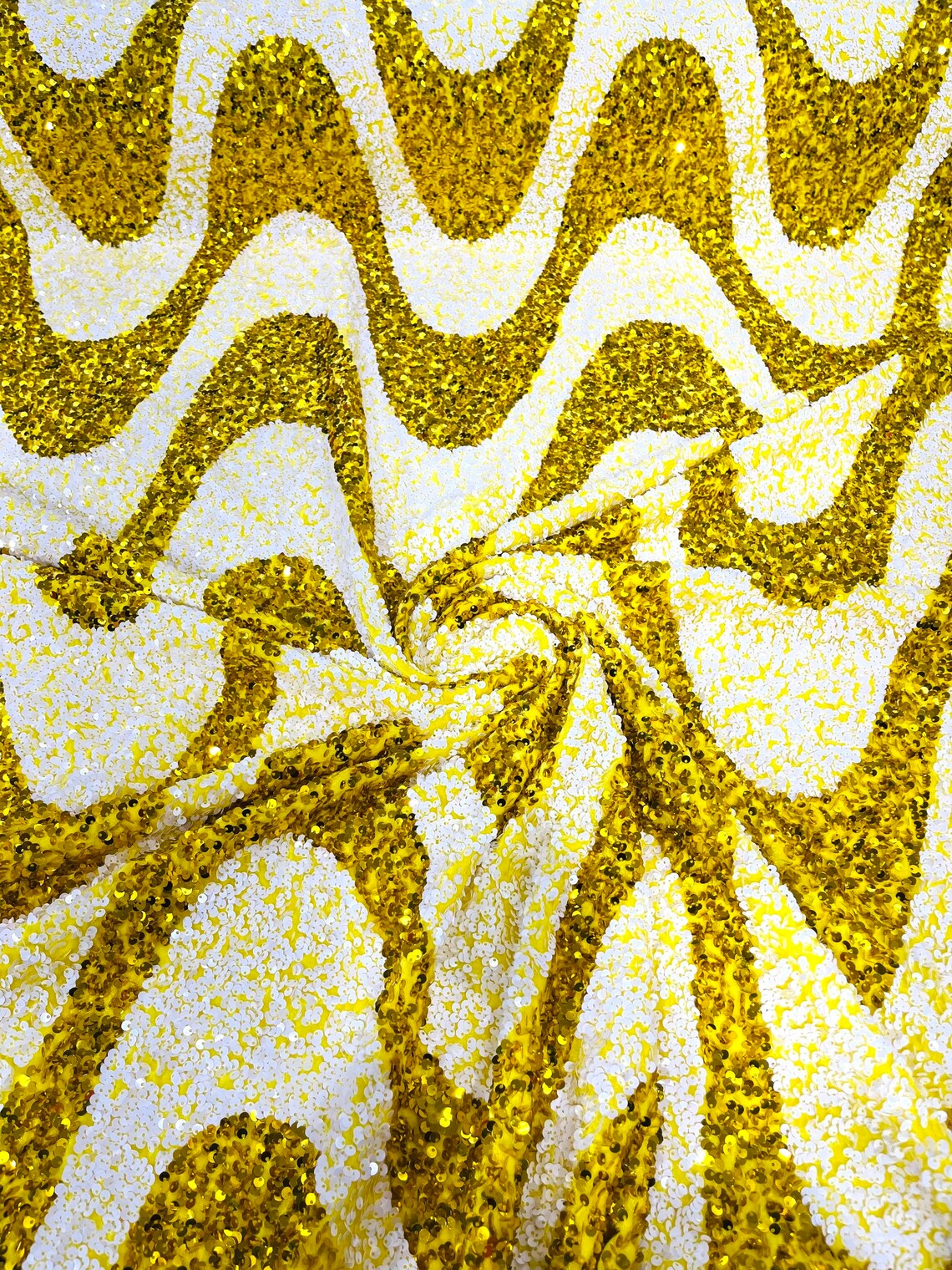 WAVE SEQUIN VELVET - Wave Design Stretch Velvet All Over 5mm Shining Sequins 2 Way Stretch- YELLOW//WHITE- Sold By The Yard.- For Fashion Dress Evening Dress Prom Quinceanera