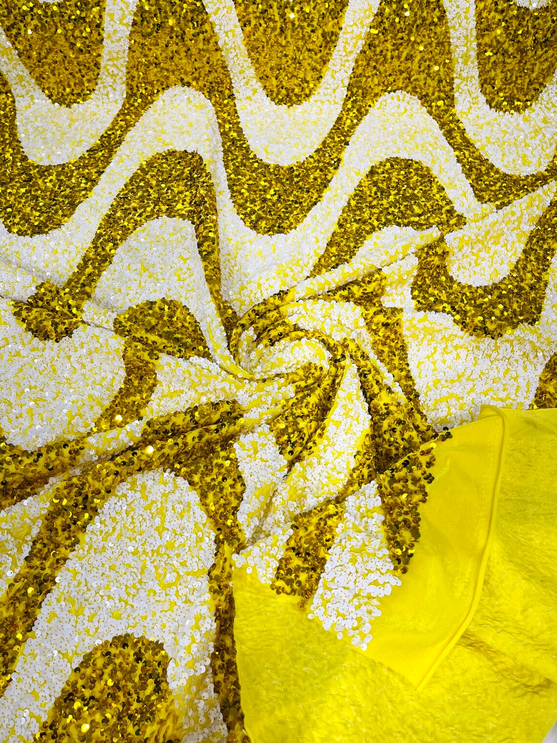 WAVE SEQUIN VELVET - Wave Design Stretch Velvet All Over 5mm Shining Sequins 2 Way Stretch- YELLOW//WHITE- Sold By The Yard.- For Fashion Dress Evening Dress Prom Quinceanera
