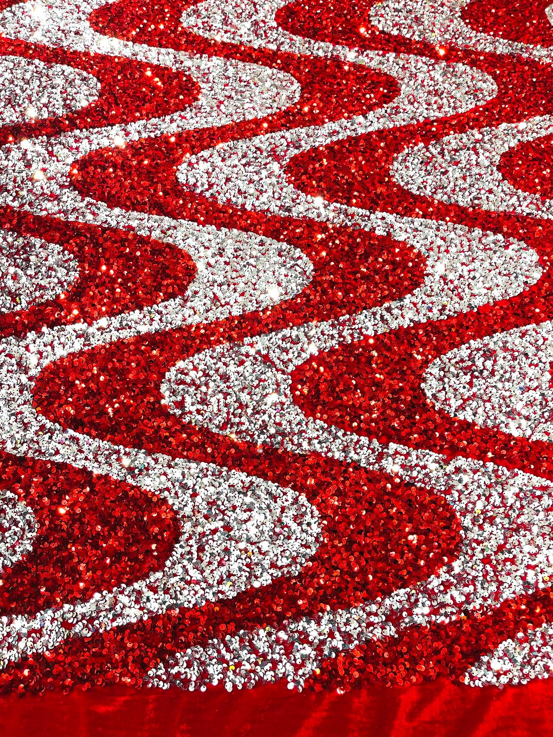 WAVE SEQUIN VELVET - Wave Design Stretch Velvet All Over 5mm Shining Sequins 2 Way Stretch- RED/SILVER- Sold By The Yard.- For Fashion Dress Evening Dress Prom Quinceanera