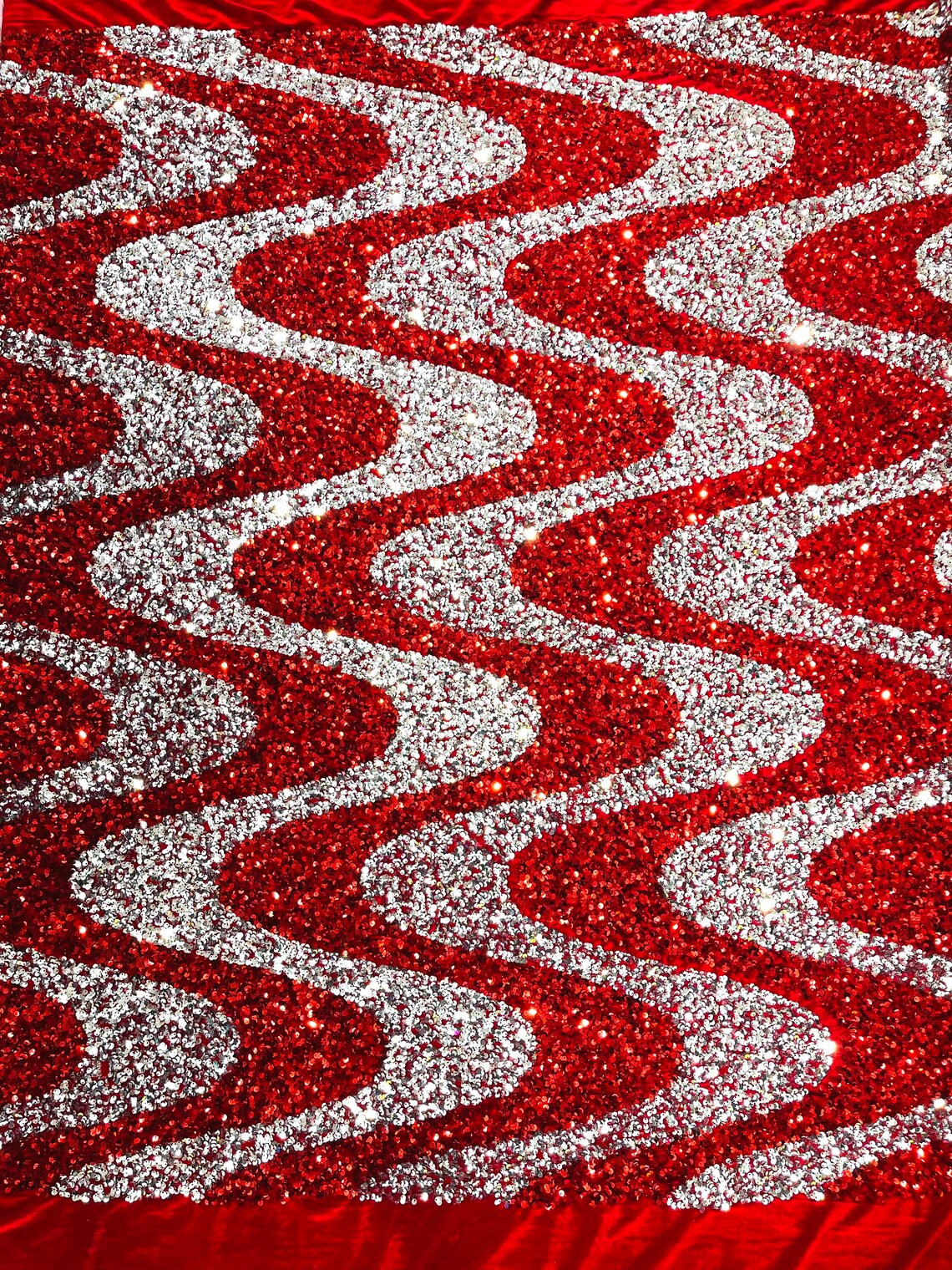 WAVE SEQUIN VELVET - Wave Design Stretch Velvet All Over 5mm Shining Sequins 2 Way Stretch- RED/SILVER- Sold By The Yard.- For Fashion Dress Evening Dress Prom Quinceanera