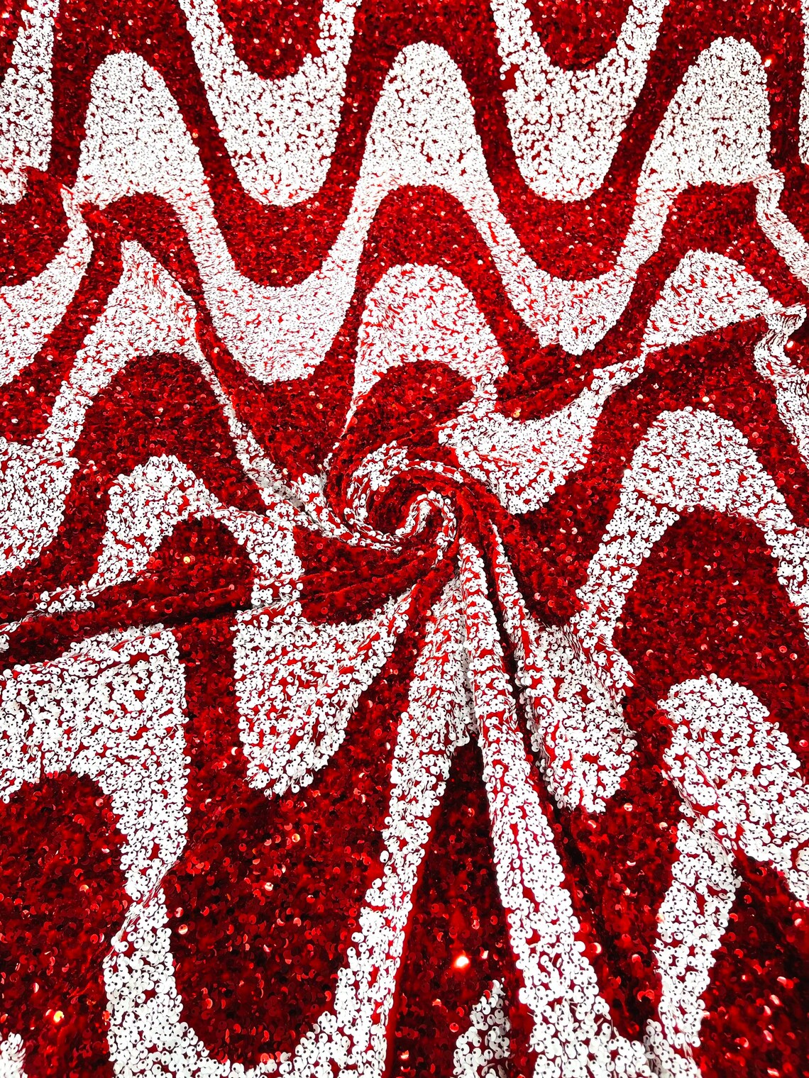 WAVE SEQUIN VELVET - Wave Design Stretch Velvet All Over 5mm Shining Sequins 2 Way Stretch- RED/WHITE - Sold By The Yard.- For Fashion Dress Evening Dress Prom Quinceanera