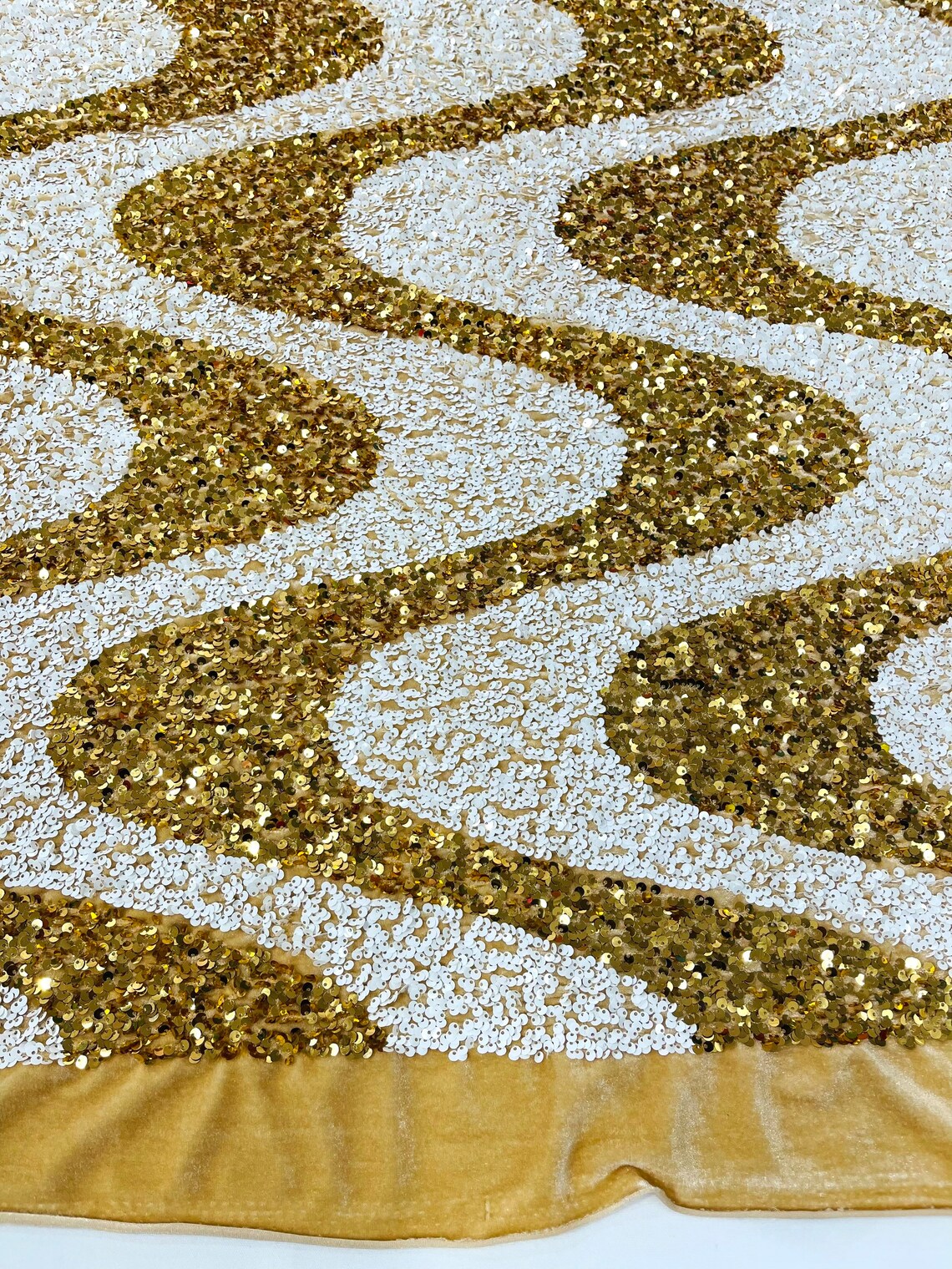 WAVE SEQUIN VELVET - Wave Design Stretch Velvet All Over 5mm Shining Sequins 2 Way Stretch- GOLD/WHITE - Sold By The Yard.- For Fashion Dress Evening Dress Prom Quinceanera