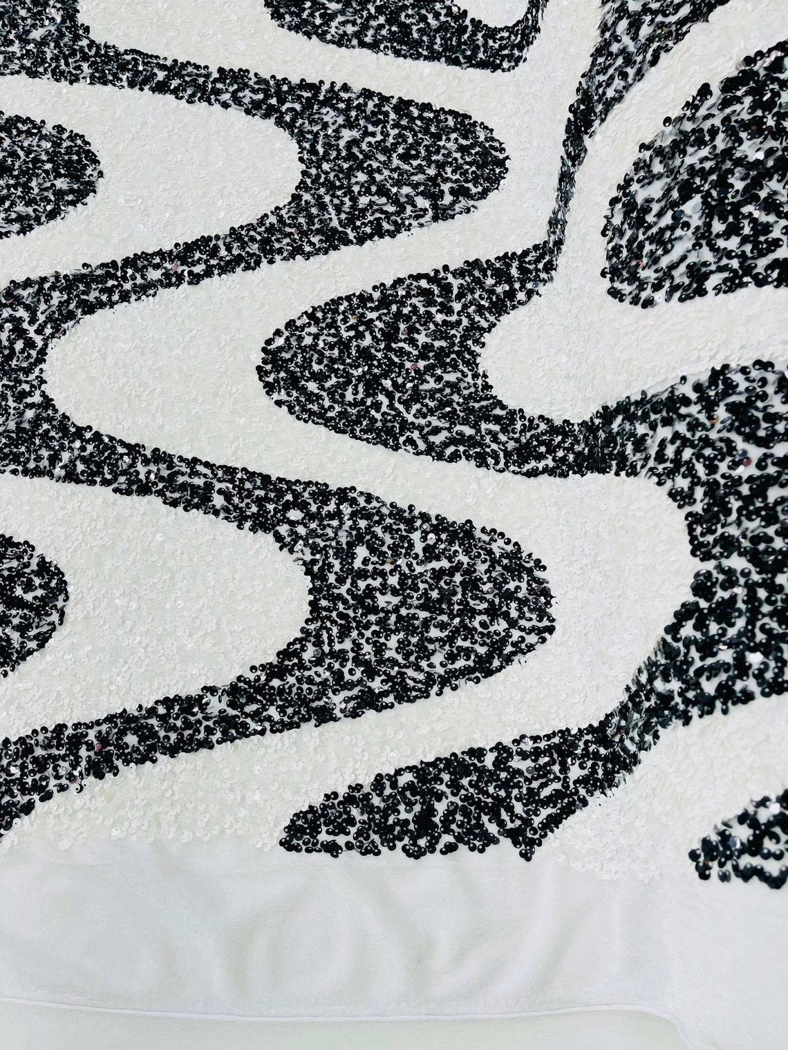 WAVE SEQUIN VELVET - Wave Design Stretch Velvet All Over 5mm Shining Sequins 2 Way Stretch- BLACK/WHITE - Sold By The Yard.- For Fashion Dress Evening Dress Prom Quinceanera