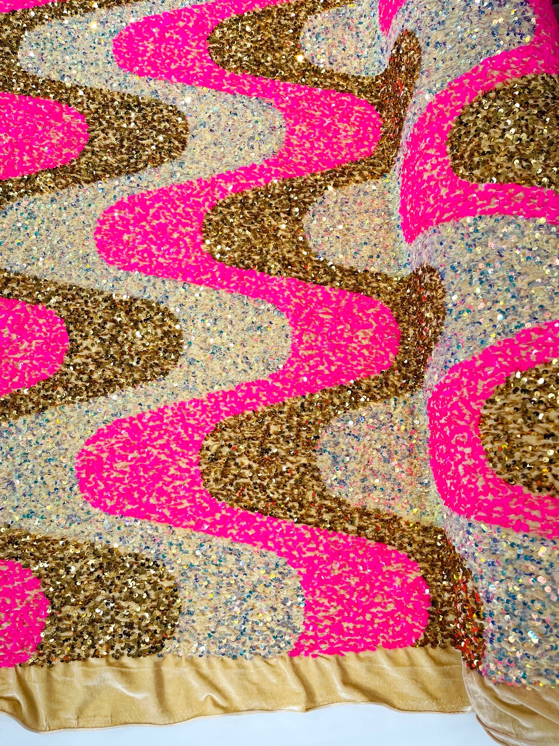 WAVE SEQUIN VELVET - Wave Design Stretch Velvet All Over 5mm Shining Sequins 2 Way Stretch - HOT PINK/GOLD/CLEAR - Sold By The Yard.- For Fashion Dress Evening Dress Prom Quinceanera