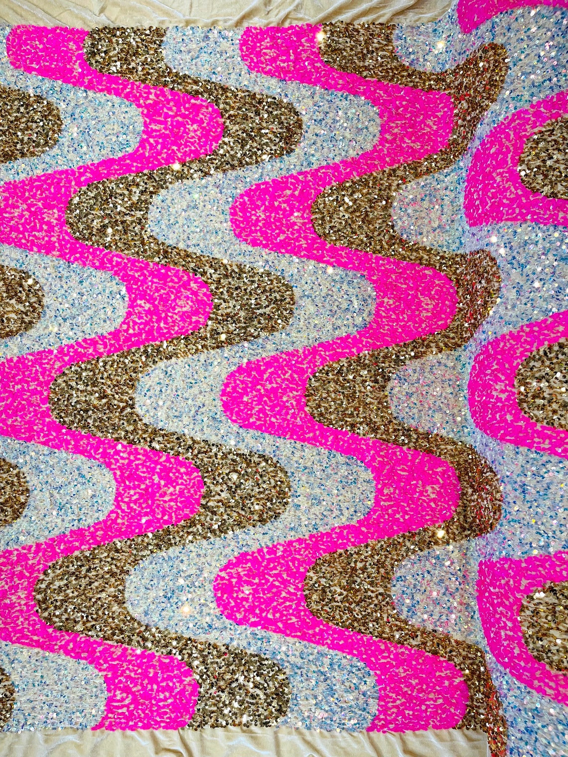 WAVE SEQUIN VELVET - Wave Design Stretch Velvet All Over 5mm Shining Sequins 2 Way Stretch - HOT PINK/GOLD/CLEAR - Sold By The Yard.- For Fashion Dress Evening Dress Prom Quinceanera