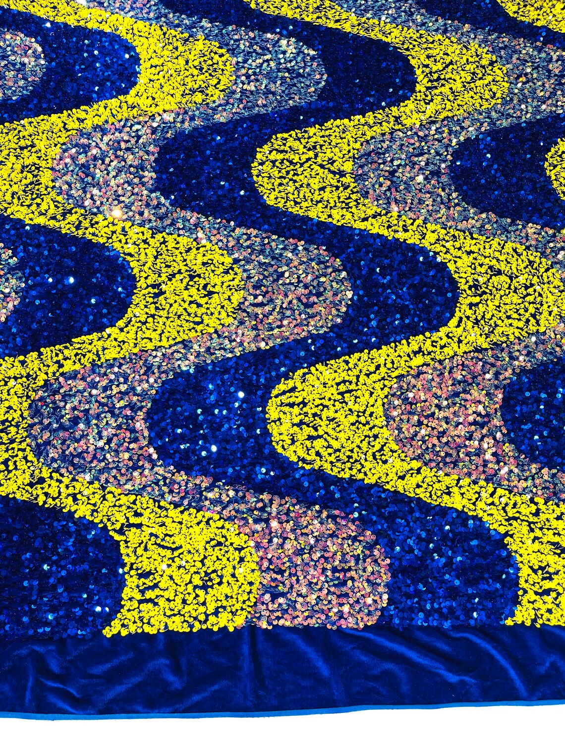 WAVE SEQUIN VELVET - Wave Design Stretch Velvet All Over 5mm Shining Sequins 2 Way Stretch - ROYAL/YELLOW//CLEAR - Sold By The Yard.- For Fashion Dress Evening Dress Prom Quinceanera