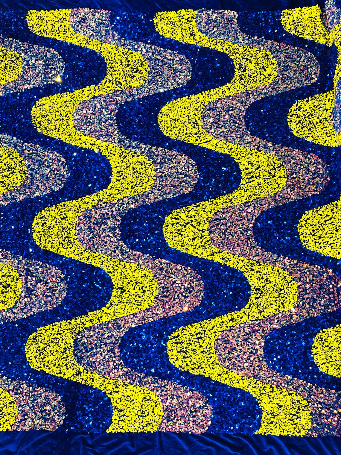 WAVE SEQUIN VELVET - Wave Design Stretch Velvet All Over 5mm Shining Sequins 2 Way Stretch - ROYAL/YELLOW//CLEAR - Sold By The Yard.- For Fashion Dress Evening Dress Prom Quinceanera