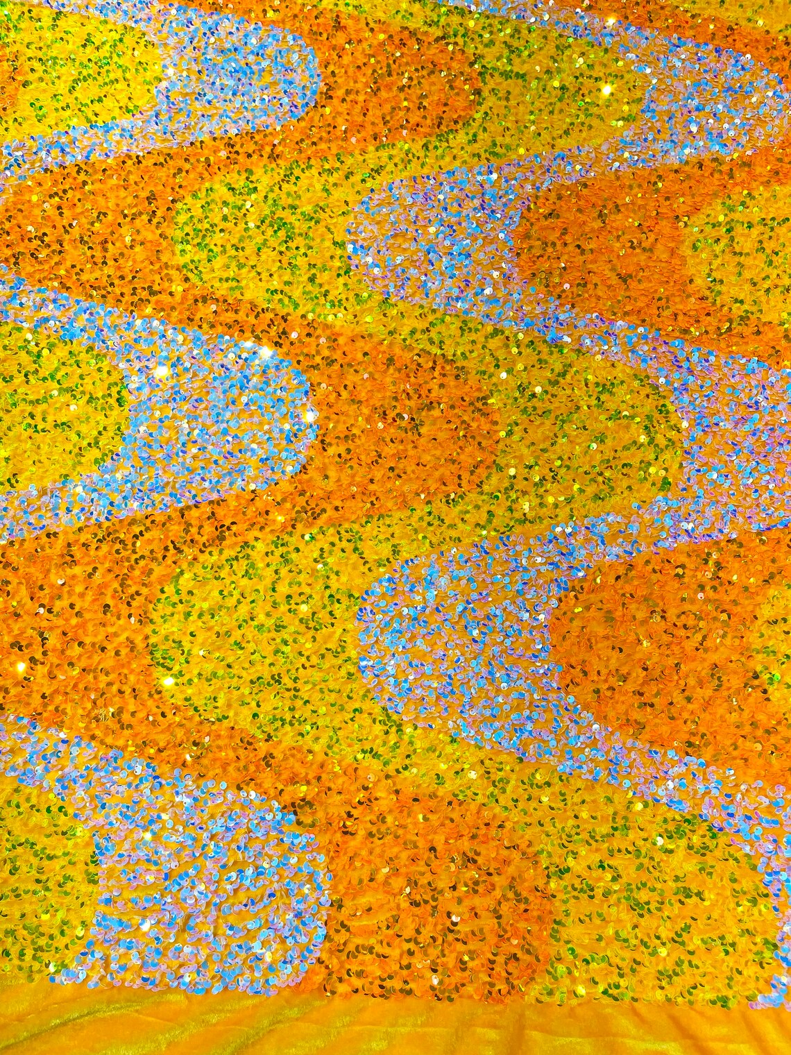 WAVE SEQUIN VELVET - Wave Design Stretch Velvet All Over 5mm Shining Sequins 2 Way Stretch - ORANGE/AQUA/CLEAR - Sold By The Yard.- For Fashion Dress Evening Dress Prom Quinceanera