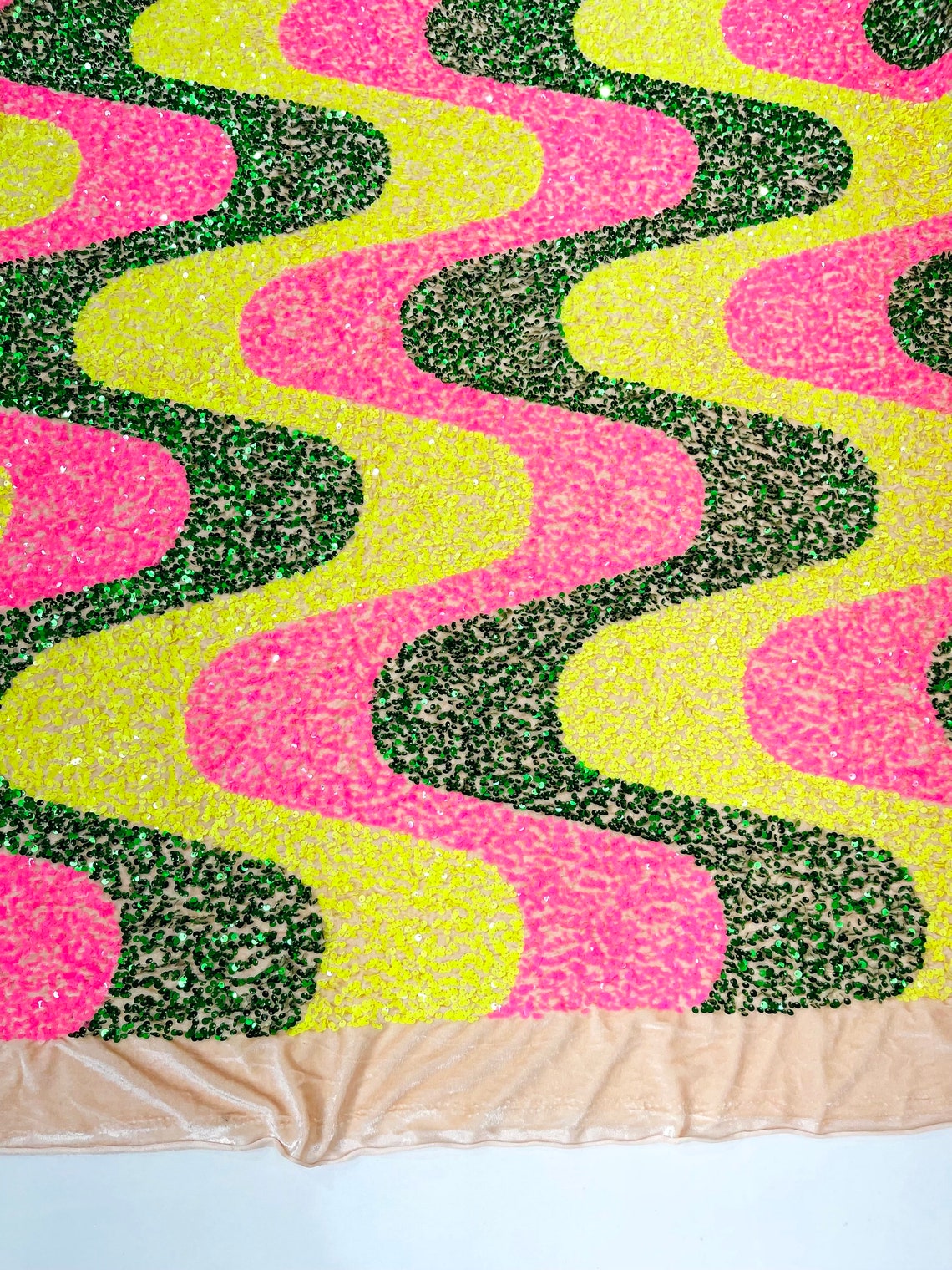 WAVE SEQUIN VELVET - Wave Design Stretch Velvet All Over 5mm Shining Sequins 2 Way Stretch - NEON YELLOW/NEON PINK/GREEN - Sold By The Yard.- For Fashion Dress Evening Dress Prom Quinceanera