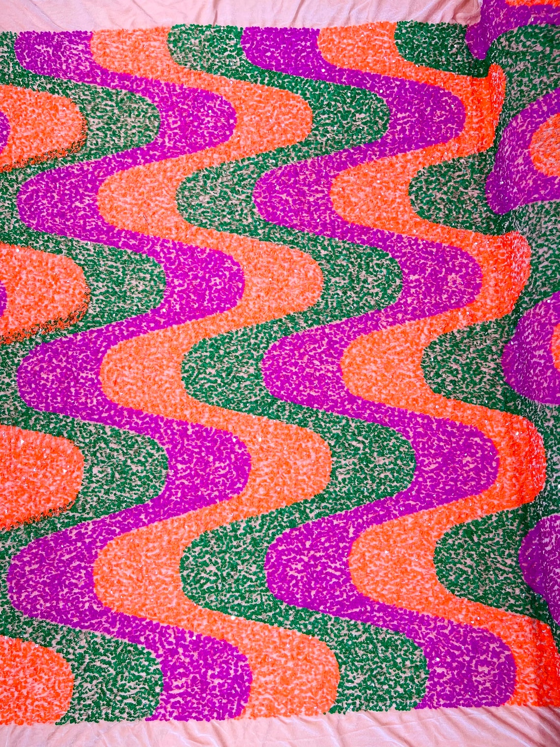 WAVE SEQUIN VELVET - Wave Design Stretch Velvet All Over 5mm Shining Sequins 2 Way Stretch - NEON ORANGE/MAGENTA/GREEN - Sold By The Yard.- For Fashion Dress Evening Dress Prom Quinceanera