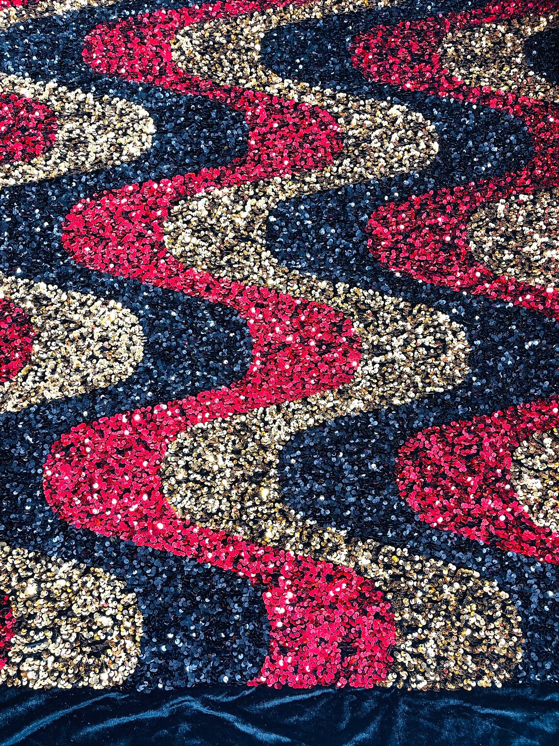 WAVE SEQUIN VELVET - Wave Design Stretch Velvet All Over 5mm Shining Sequins 2 Way Stretch - BLACK/RED/GOLD - Sold By The Yard.- For Fashion Dress Evening Dress Prom Quinceanera