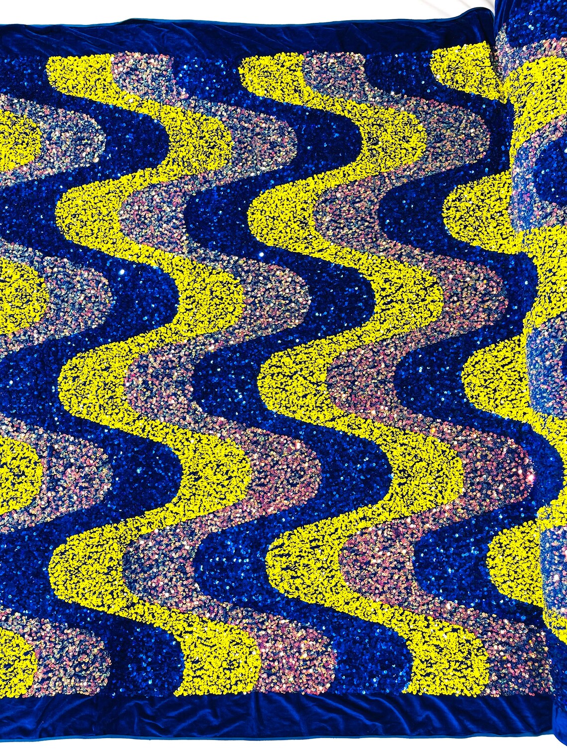 WAVE SEQUIN VELVET - Wave Design Stretch Velvet All Over 5mm Shining Sequins 2 Way Stretch - ROYAL/YELLOW//CLEAR - Sold By The Yard.- For Fashion Dress Evening Dress Prom Quinceanera