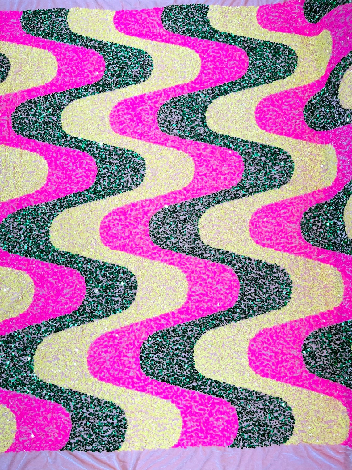 WAVE SEQUIN VELVET - Wave Design Stretch Velvet All Over 5mm Shining Sequins 2 Way Stretch - NEON YELLOW/NEON PINK/GREEN - Sold By The Yard.- For Fashion Dress Evening Dress Prom Quinceanera