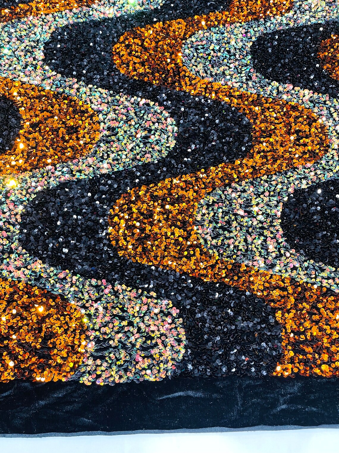 WAVE SEQUIN VELVET - Wave Design Stretch Velvet All Over 5mm Shining Sequins 2 Way Stretch - BLACK/BURNT ORANGE /CLEAR - Sold By The Yard.- For Fashion Dress Evening Dress Prom Quinceanera