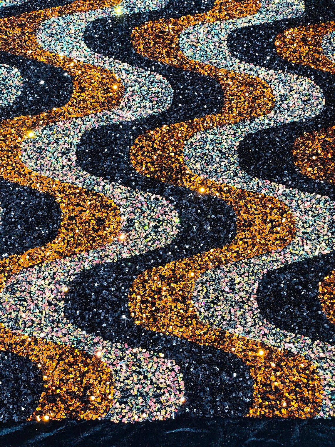 WAVE SEQUIN VELVET - Wave Design Stretch Velvet All Over 5mm Shining Sequins 2 Way Stretch - BLACK/BURNT ORANGE /CLEAR - Sold By The Yard.- For Fashion Dress Evening Dress Prom Quinceanera