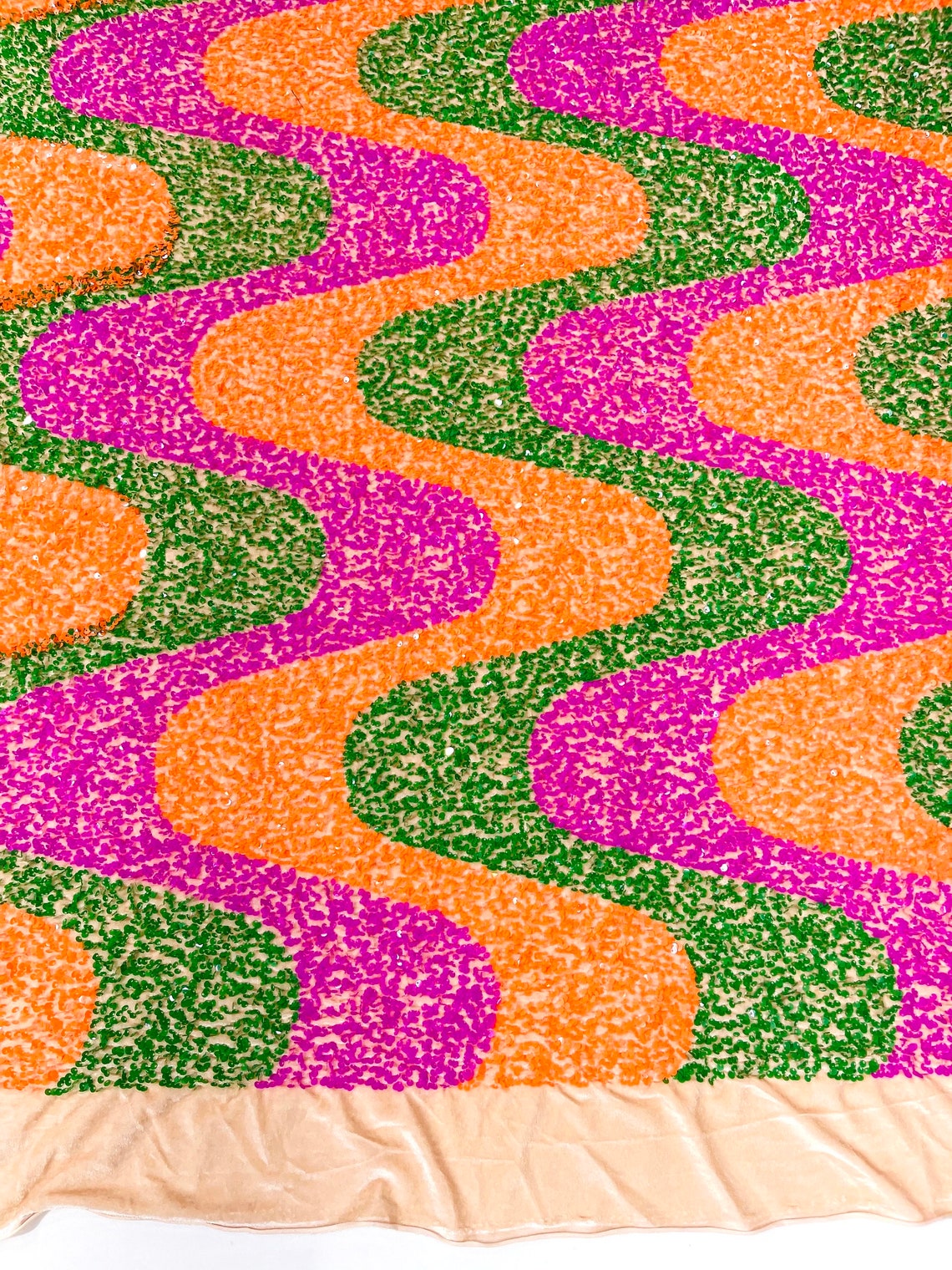 WAVE SEQUIN VELVET - Wave Design Stretch Velvet All Over 5mm Shining Sequins 2 Way Stretch - NEON ORANGE/MAGENTA/GREEN - Sold By The Yard.- For Fashion Dress Evening Dress Prom Quinceanera