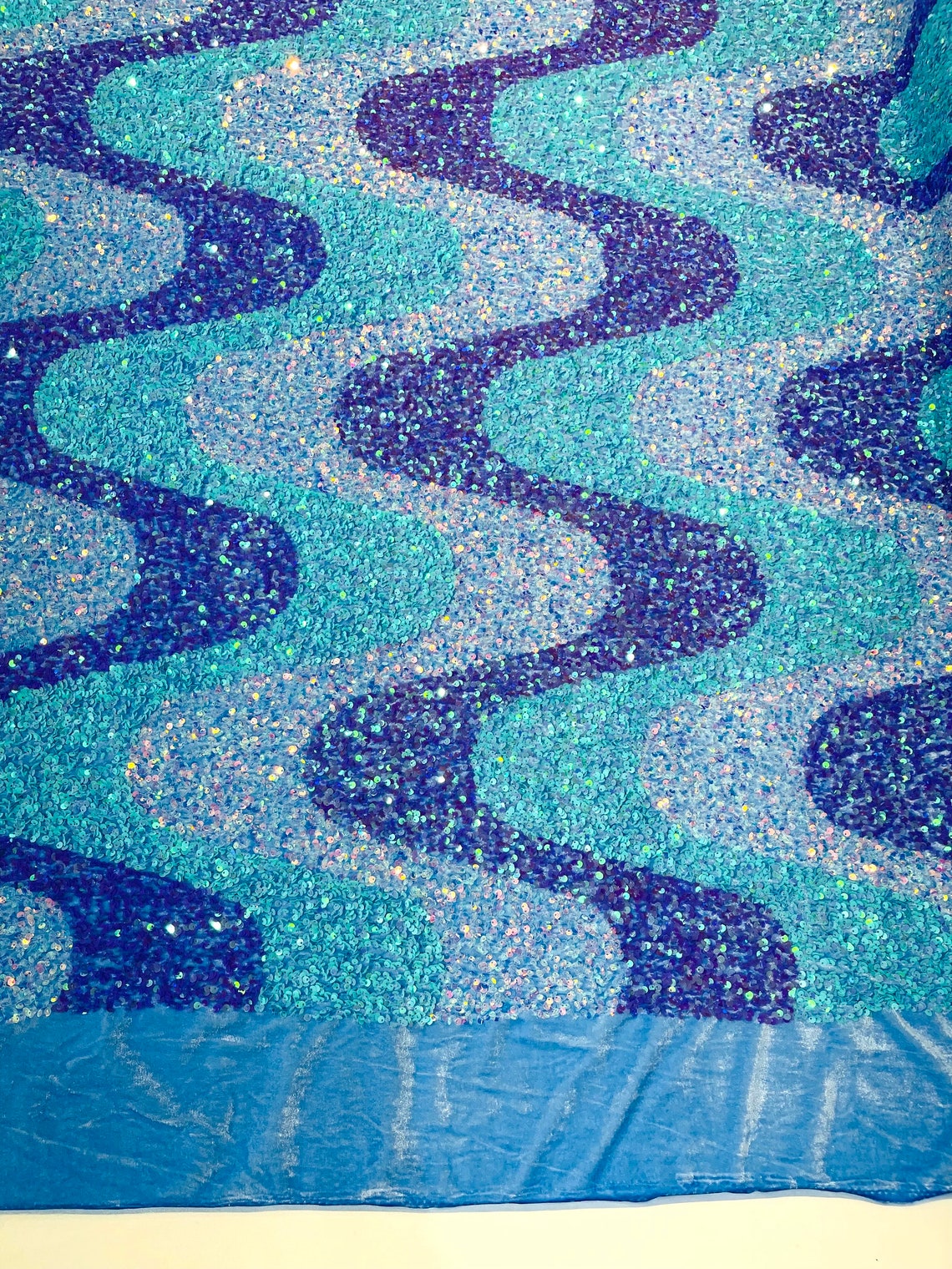 WAVE SEQUIN VELVET - Wave Design Stretch Velvet All Over 5mm Shining Sequins 2 Way Stretch - AQUA/LAVENDER /CLEAR - Sold By The Yard.- For Fashion Dress Evening Dress Prom Quinceanera
