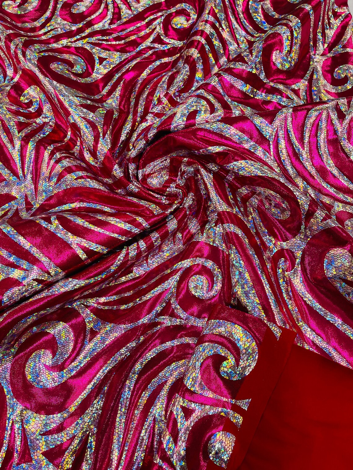 FLAME - Print Poly Spandex Fabric 4 Way Stretch - Sold By The Yard - FUCHSIA/SILVER - Ideal For Dostumes, Dresses, Leggings,