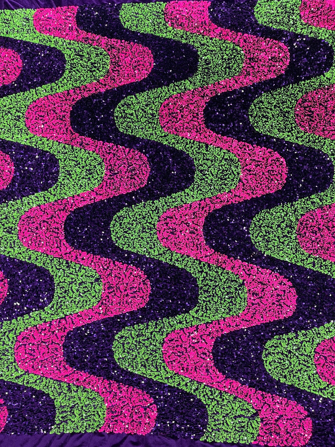 WAVE SEQUIN VELVET - Wave Design Stretch Velvet All Over 5mm Shining Sequins 2 Way Stretch - HOT PINK/PURPLE/GREEN - Sold By The Yard.- For Fashion Dress Evening Dress Prom Quinceanera