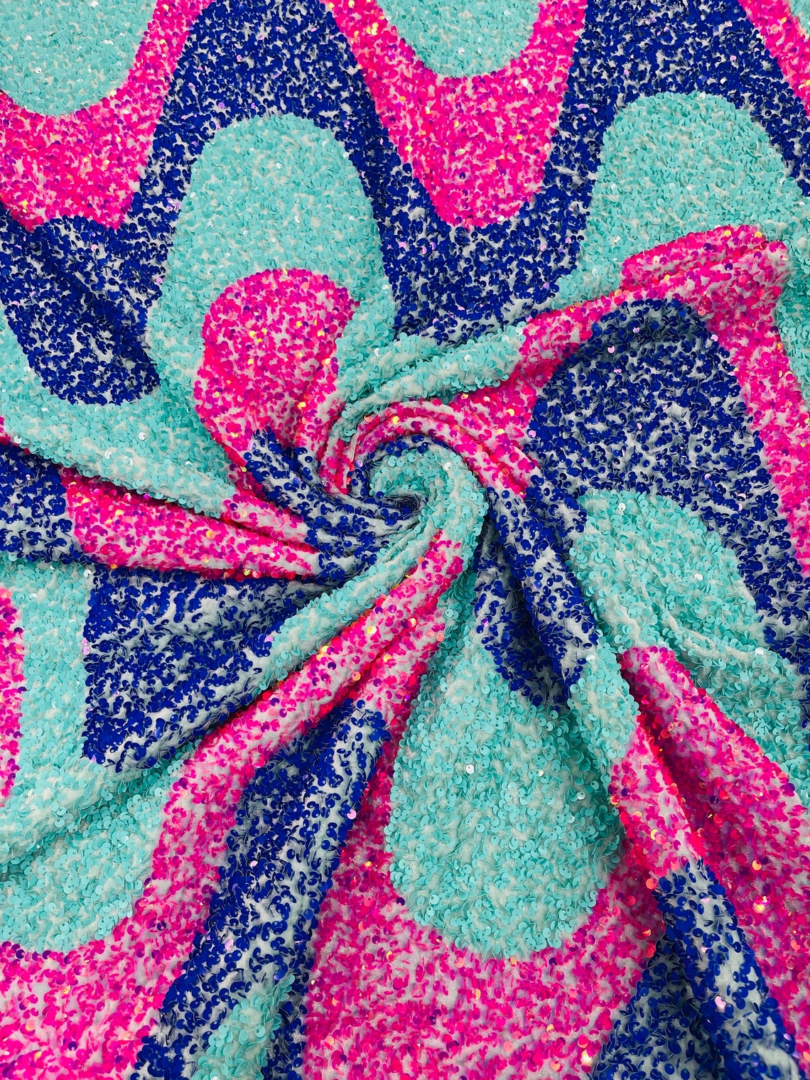 WAVE SEQUIN VELVET - Wave Design Stretch Velvet All Over 5mm Shining Sequins 2 Way Stretch - HOT PINK/ROYAL/AQUA - Sold By The Yard.- For Fashion Dress Evening Dress Prom Quinceanera