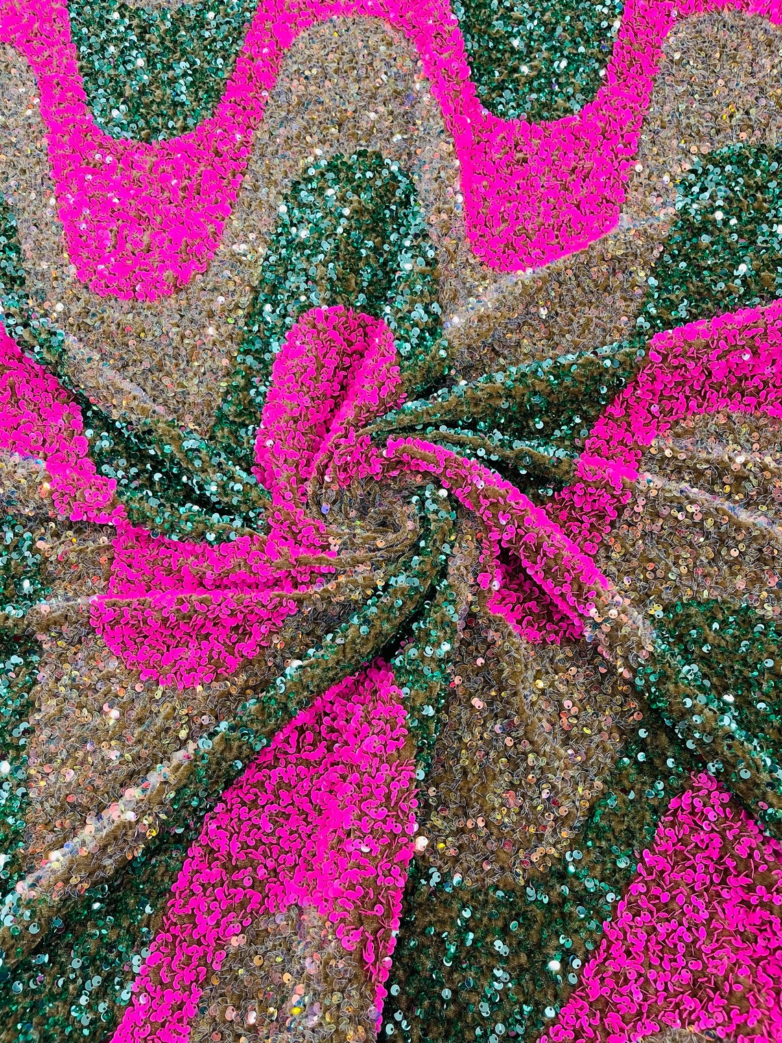 WAVE SEQUIN VELVET - Wave Design Stretch Velvet All Over 5mm Shining Sequins 2 Way Stretch - HOT PINK/SAGE/CLEAR - Sold By The Yard.- For Fashion Dress Evening Dress Prom Quinceanera