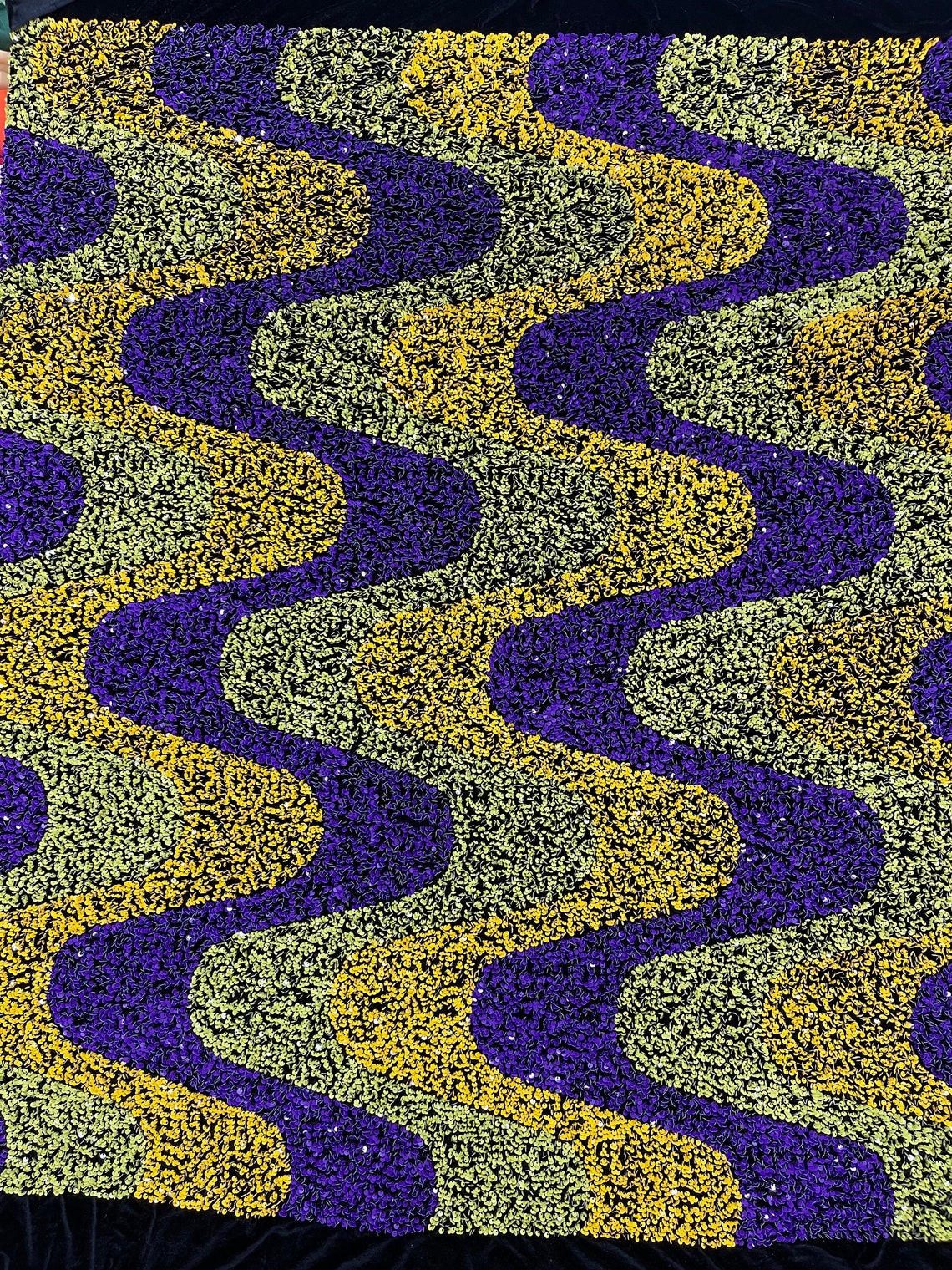 WAVE SEQUIN VELVET - Wave Design Stretch Velvet All Over 5mm Shining Sequins 2 Way Stretch - PURPLE/YELLOW/LT SAGE - Sold By The Yard.- For Fashion Dress Evening Dress Prom Quinceanera