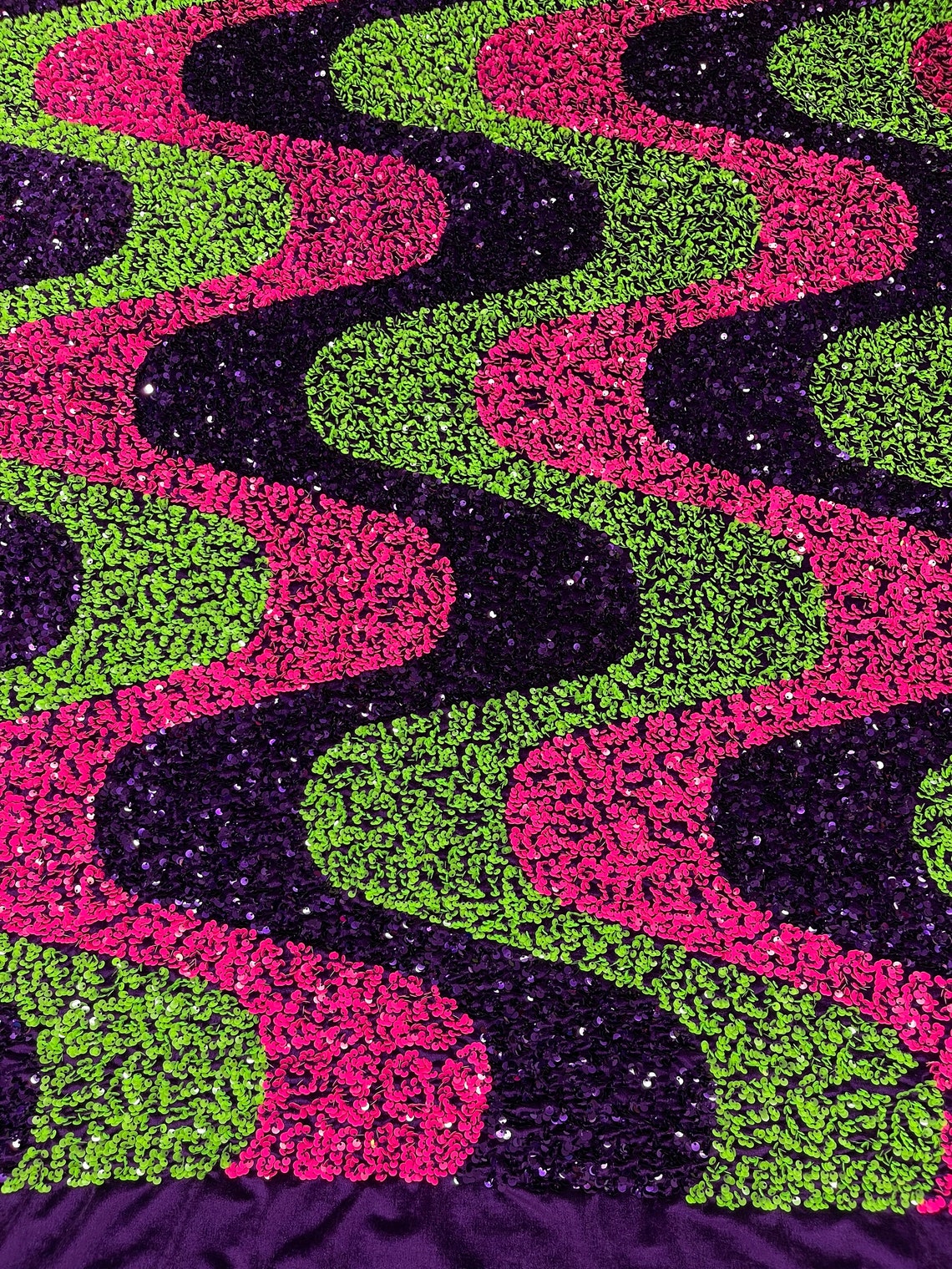 WAVE SEQUIN VELVET - Wave Design Stretch Velvet All Over 5mm Shining Sequins 2 Way Stretch - HOT PINK/PURPLE/GREEN - Sold By The Yard.- For Fashion Dress Evening Dress Prom Quinceanera