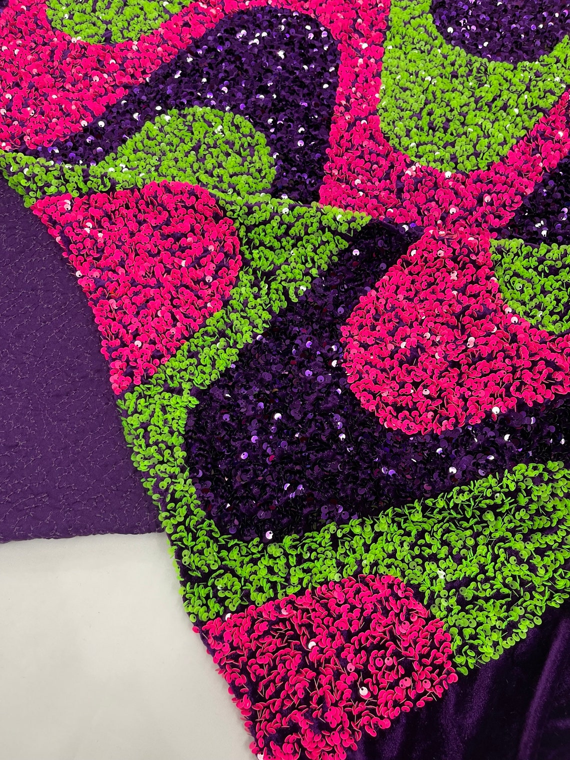 WAVE SEQUIN VELVET - Wave Design Stretch Velvet All Over 5mm Shining Sequins 2 Way Stretch - HOT PINK/PURPLE/GREEN - Sold By The Yard.- For Fashion Dress Evening Dress Prom Quinceanera