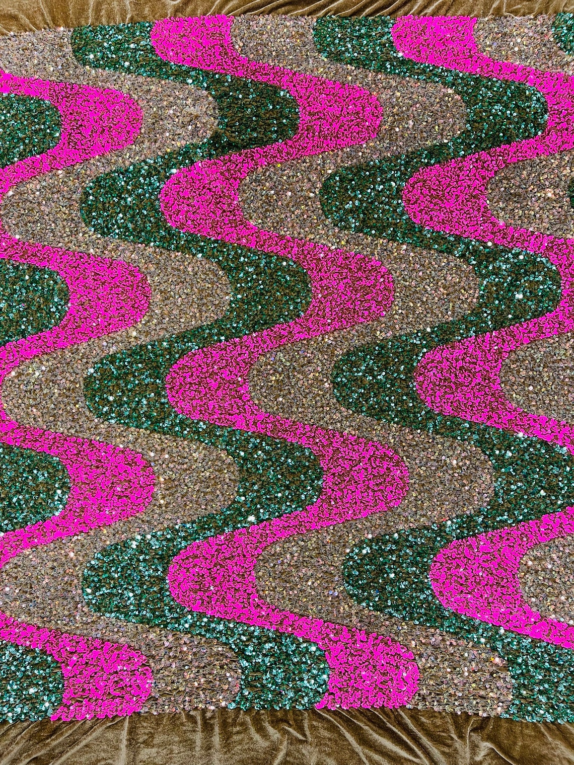WAVE SEQUIN VELVET - Wave Design Stretch Velvet All Over 5mm Shining Sequins 2 Way Stretch - HOT PINK/SAGE/CLEAR - Sold By The Yard.- For Fashion Dress Evening Dress Prom Quinceanera