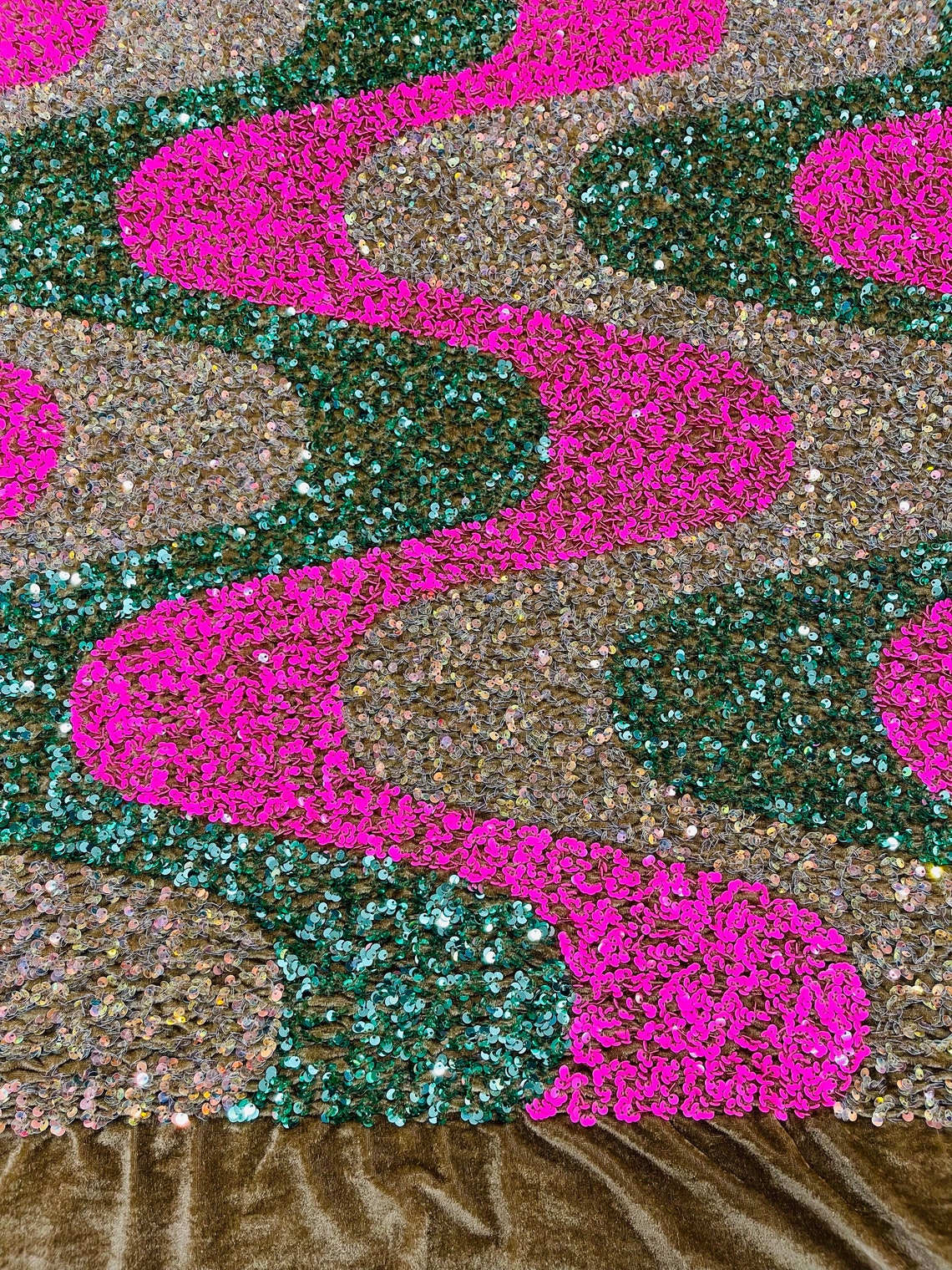 WAVE SEQUIN VELVET - Wave Design Stretch Velvet All Over 5mm Shining Sequins 2 Way Stretch - HOT PINK/SAGE/CLEAR - Sold By The Yard.- For Fashion Dress Evening Dress Prom Quinceanera