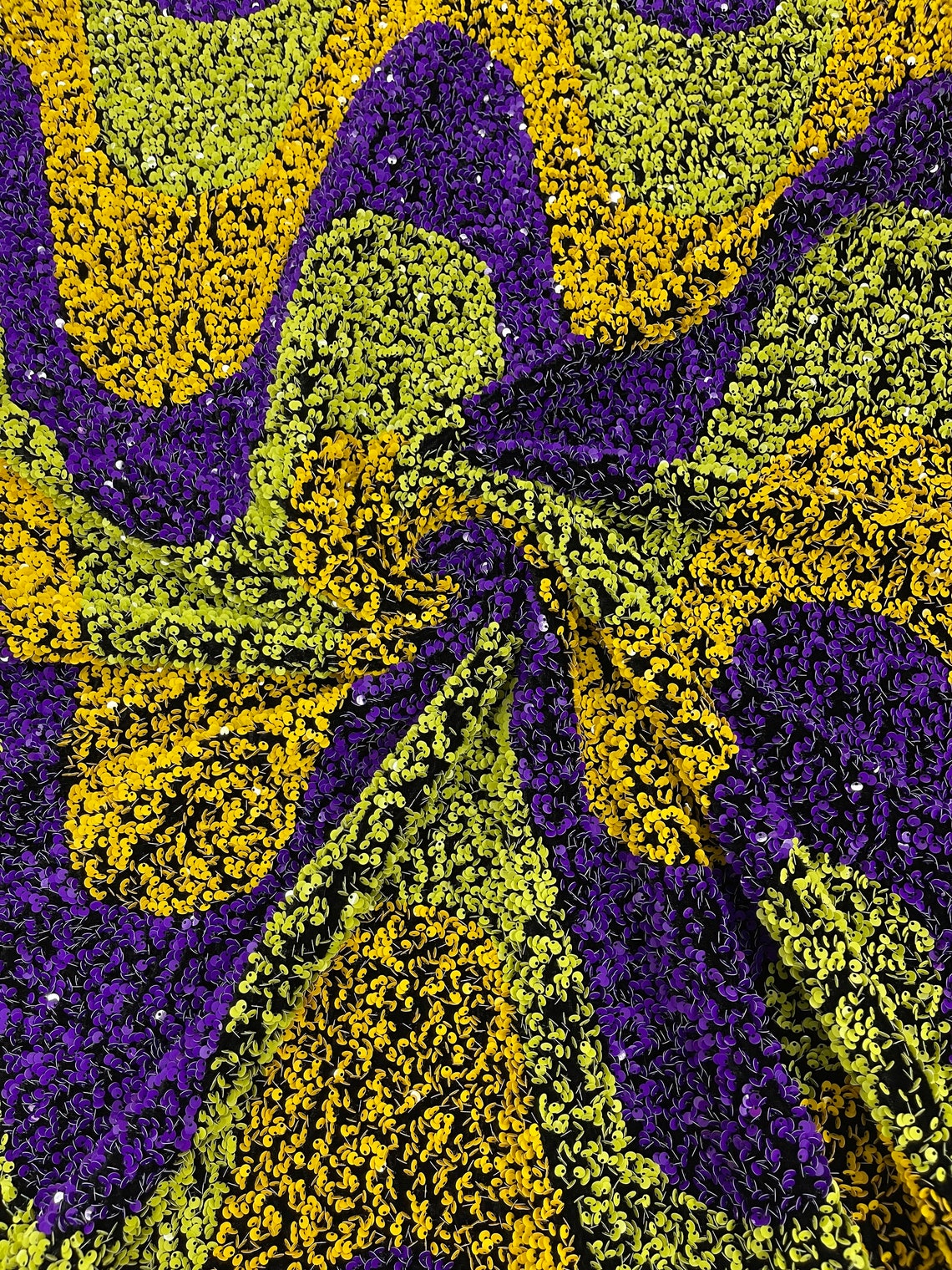 WAVE SEQUIN VELVET - Wave Design Stretch Velvet All Over 5mm Shining Sequins 2 Way Stretch - PURPLE/YELLOW/LT SAGE - Sold By The Yard.- For Fashion Dress Evening Dress Prom Quinceanera