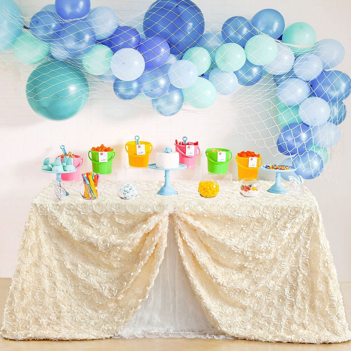 IVORY - 3D Satin Rosette Rectangular Tablecloth - Rosette Tablecloth 3D Flowers Satin Overlay for Wedding Reception Table Decoration