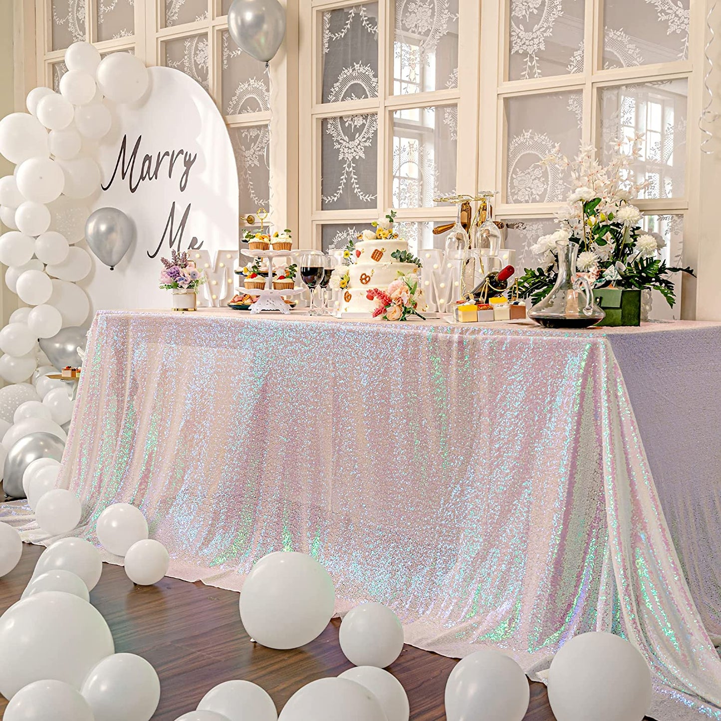 Square Overlay Sequin Tablecloth - WHITE IRIDESCENT - Glitter Tablecloth for Bridal Shower Decorations, Birthday, Wedding, Dessert, Banquet