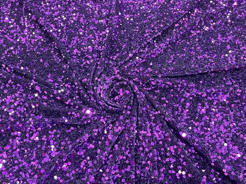 5mm Sequins on a Stretch Velvet 2-Way Stretch Sold By The Yard. Purple