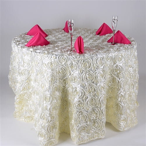 Round Tablecloth - Satin Raised Rosettes Round Tablecloth Wedding Party Dining Room Table Linens - IVORY - Christmas, Wedding, Bridal