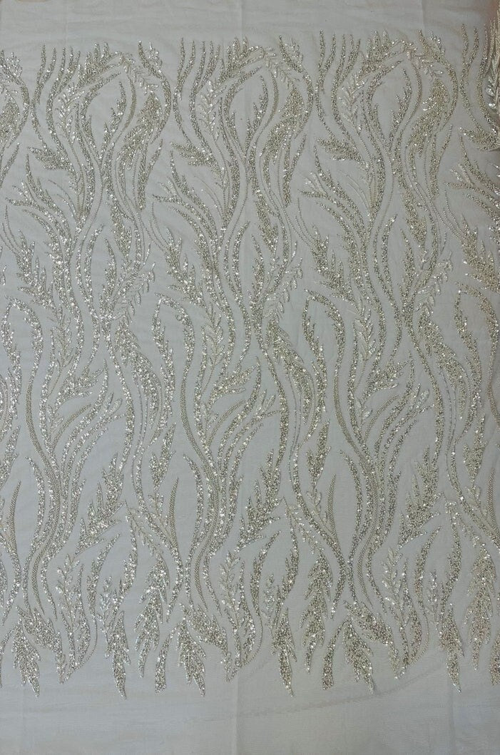 WHEAT BRANCHES - Designs Embroider with Sequins and Heavy Beaded on a Mesh Lace Fabric - Sold By The Yard - NUDECLEAR
