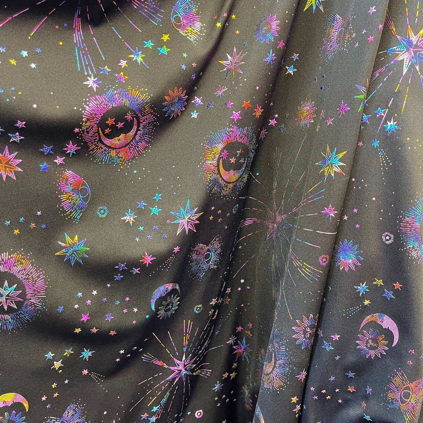 HEAVENLY ICONS - Print Stretch Spandex-Sold By The Yard - BLACKRAINBOW- Ideal For Costumes, Dresses, Leggings, Swimsuit and Mucho More
