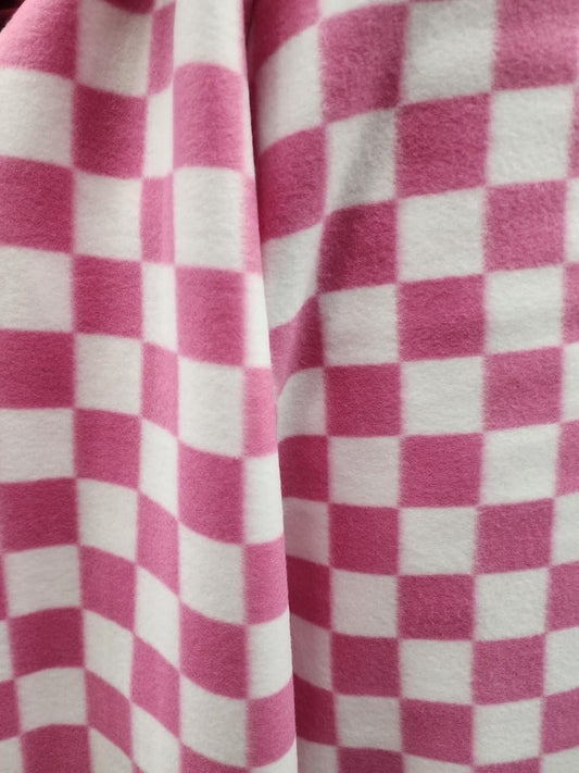 Pink/White Chequers/Checkered -  Anti Pill Theme Fleece Fabric, 60” Inches Wide – Sold By The Yard