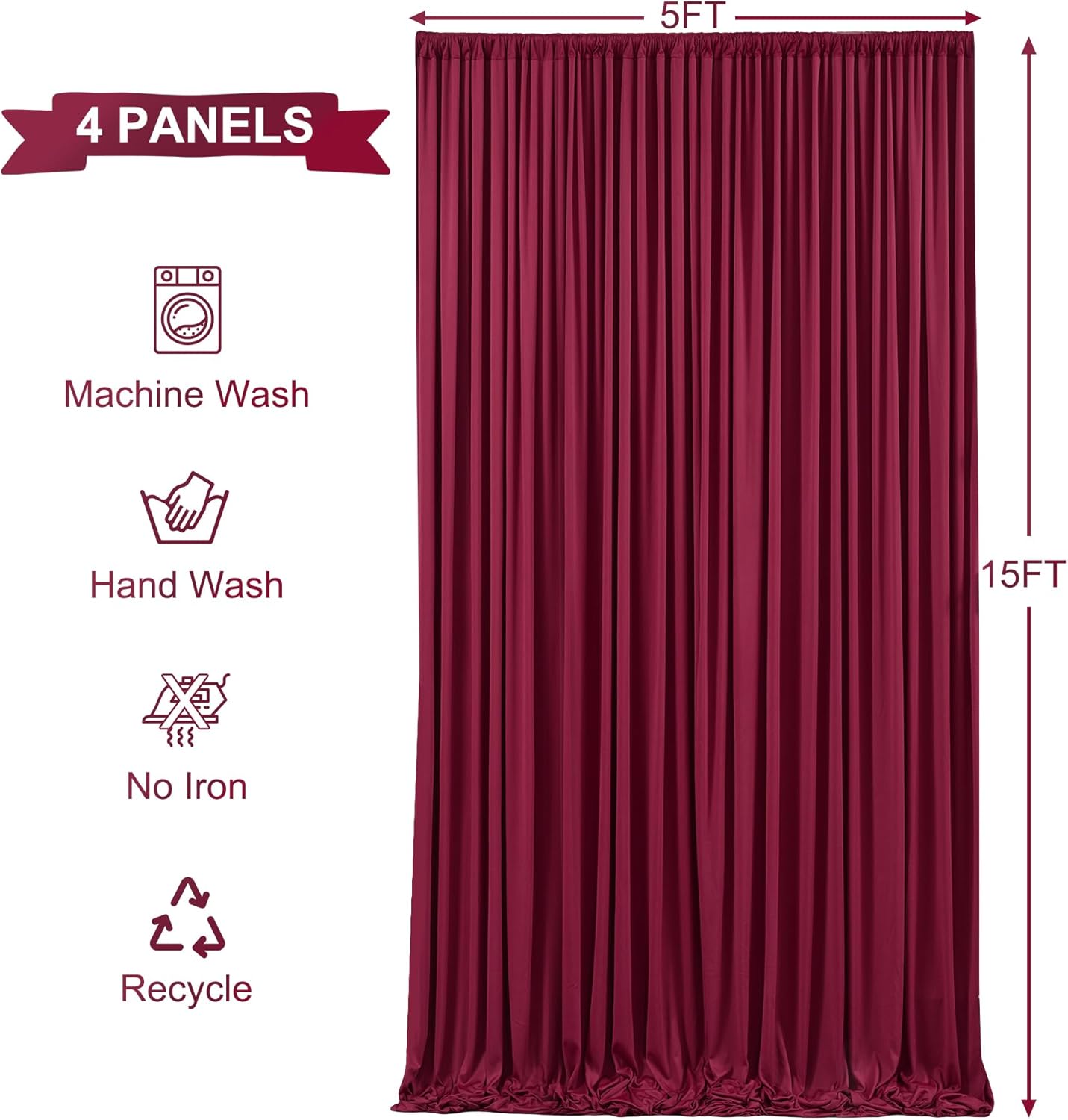 BURGUNDY  - Wrinkle Free Backdrop Curtains for Parties - 4 Panels 5x15ft Silky Interlock Backdrop for Weddings Birthday Party Curtains
