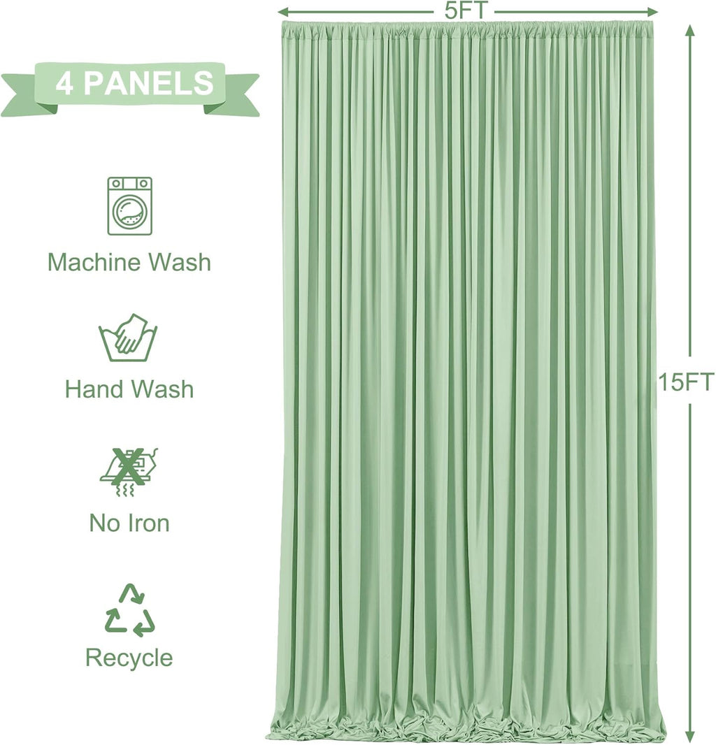 SAGE  - Wrinkle Free Backdrop Curtains for Parties - 4 Panels 5x15ft Silky Interlock Backdrop for Weddings Birthday Party Curtains