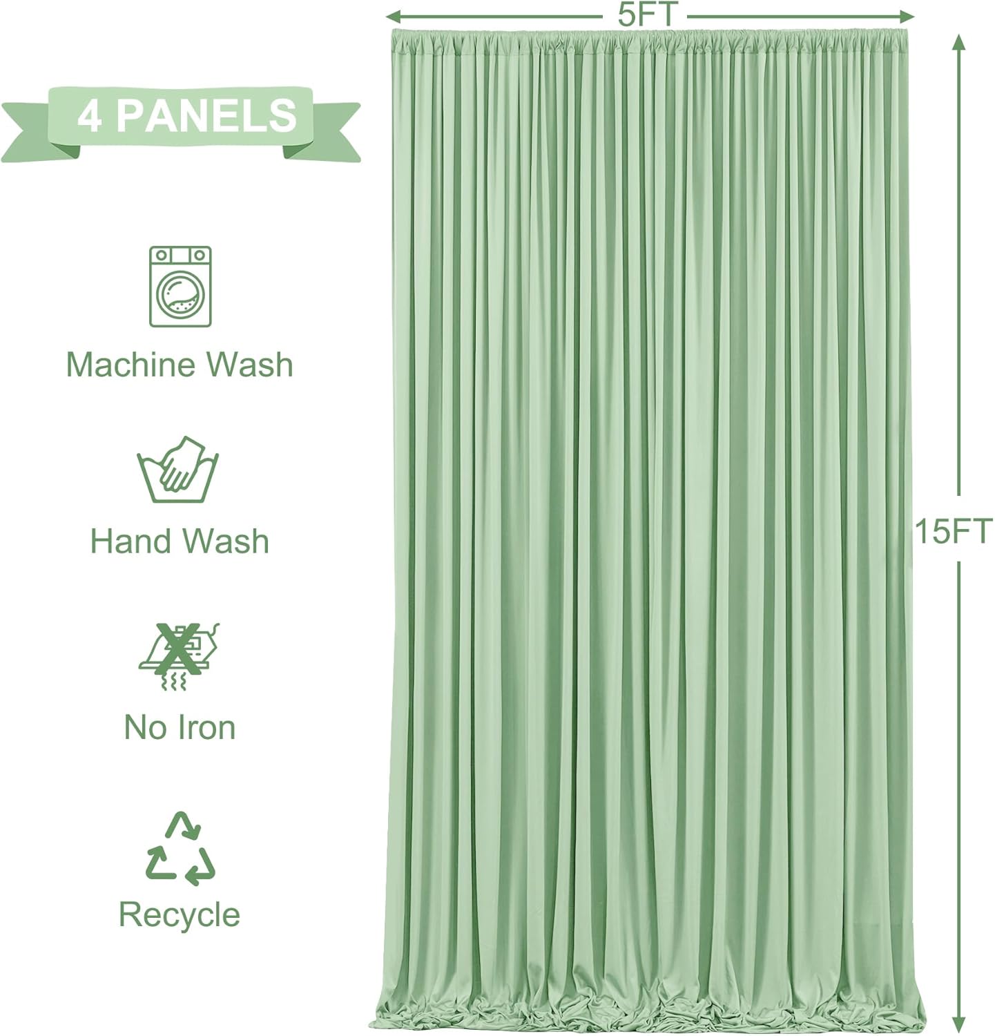 SAGE  - Wrinkle Free Backdrop Curtains for Parties - 4 Panels 5x15ft Silky Interlock Backdrop for Weddings Birthday Party Curtains