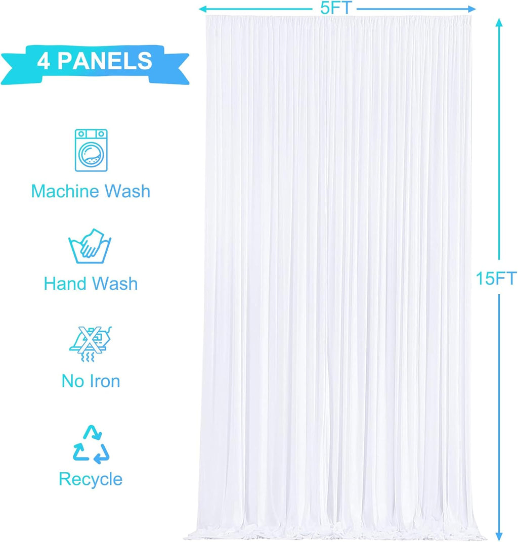 WHITE - Wrinkle Free Backdrop Curtains for Parties - 4 Panels 5x15ft Silky Interlock Backdrop for Weddings Birthday Party Curtains